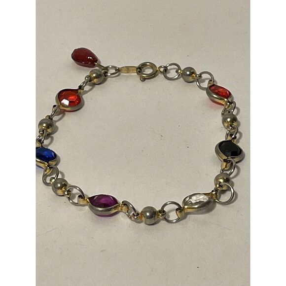 18KGP Designer Bracelet - Blue & Red Glass‎ Cabochons - Picture 1 of 7